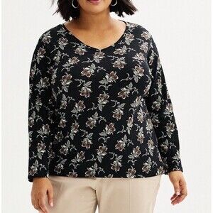 CROFT & BARROW Plus Size 3X Long Sleeve THE CLASSIC TEE V-Neck Black Floral New
